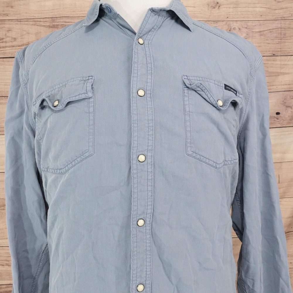 Lucky Brand Shirt Mens XL Blue Long Sleeve Snap Button-Up Twill Pockets